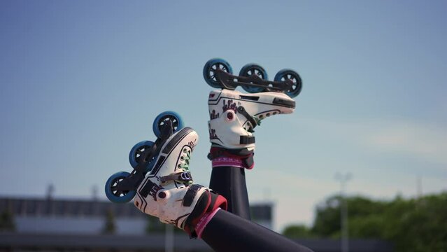roller drome skate park roller skates on the background of the sky close-up of details street sport extreme