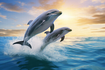 Fototapeta premium Generative AI two dolphins swimming together in the ocean