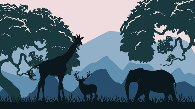 Animated Animals silhouettes are in the forest and there is a mountain in the background