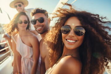 Group of mix race young people having a party on the luxury yacht