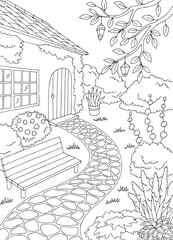 Garden in the courtyard of the house graphic black white sketch illustration vector 