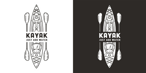 Kayaking sport print. Rafting on kayak on the river among the mountains