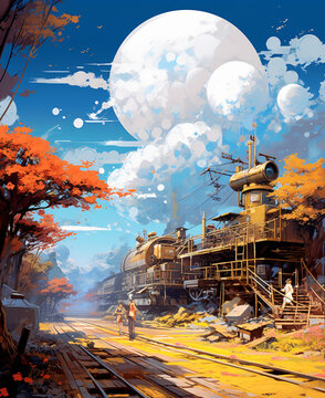 Fantasy Sci Fy City Landscape With Moon Landscape Anime Manga Manwha Manhua Comics Illustration Poster 