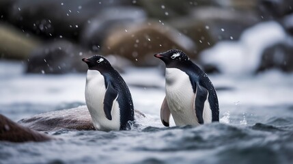 Fototapeta premium Adelie penguins in Antarctica. Generative AI 