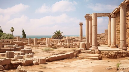 Fototapeta premium Exploring the Roman Villa Ruins of Caesarea Maritima: A Window into Israel's Rich Heritage: Generative AI