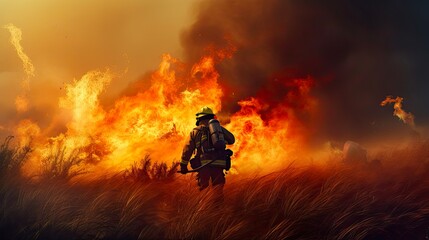 Firefighter Battling Natural Disaster - Preventing Spread of Wildfire on Field and Road Amidst Flames, Smoke, Grass and Wild Plants: Generative AI