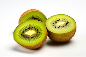 Freshly Cut Kiwi Fruit. Isolated halves of juicy green Kiwi on white background with clipping path for healthy eating concepts: Generative AI