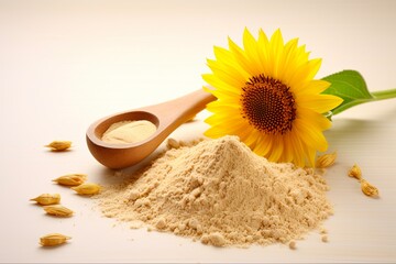 Heap of Sunflower Lecithin Powder for Nourishment and Good Liver Health - Organic and Naturally Sourced Ingredient on Light Background with Spoon: Generative AI