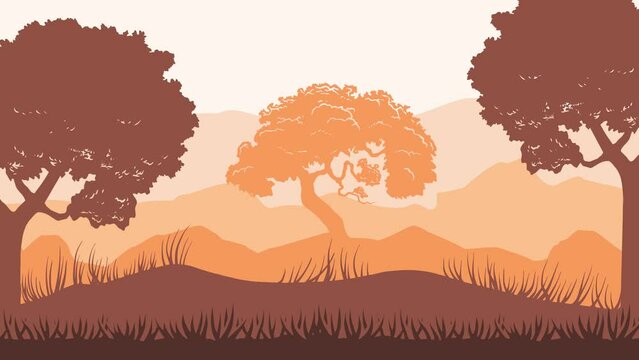 Animated silhouette of a forest and there are mountains in the background