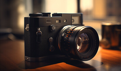 Fototapeta na wymiar old photo camera film rangefinder and lens close up shot 