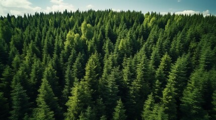 Fototapeta premium Generative AI. Coniferous green forest, aerial view. Minimalistic natural reserve summer banner. Tops of firs and pines.