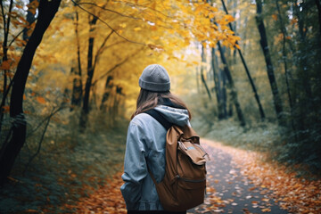 Woman with a backpack walking in autumn park