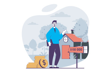 Real estate concept with people scene in flat design for web. Man realtor showing house with bargain price with banking insurance. Vector illustration for social media banner, marketing material.