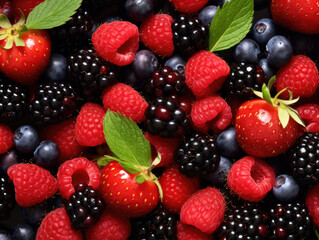 Colorful berries background of strawberries, raspberries, blueberries, currants