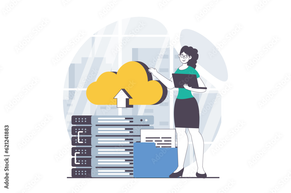 Poster saas concept with people scene in flat design for web. woman using database hardware for sync and up