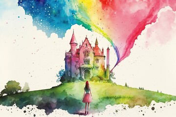 woman standing in front of a colorful castle with a rainbow in the background. Generative AI