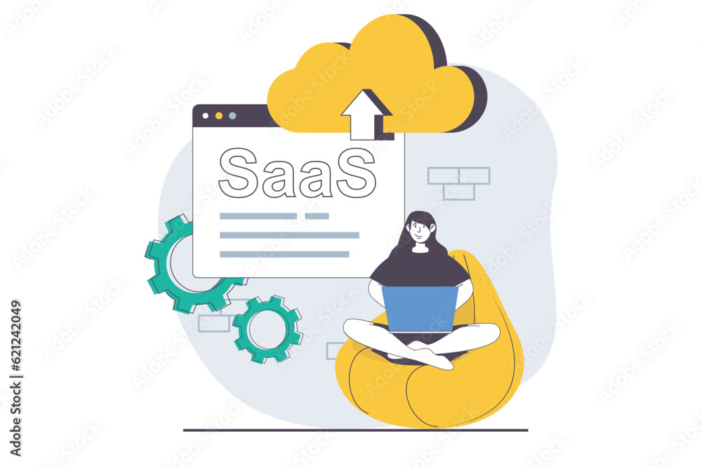Fototapete SaaS concept with people scene in flat design for web. Woman uploading data files with cloud tech, works with datacenter using laptop. Vector illustration for social media banner, marketing material.