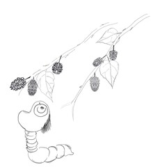 Cartoon doodle illustration, a caterpillar is opening its mouth and waiting to eat a mulberry.