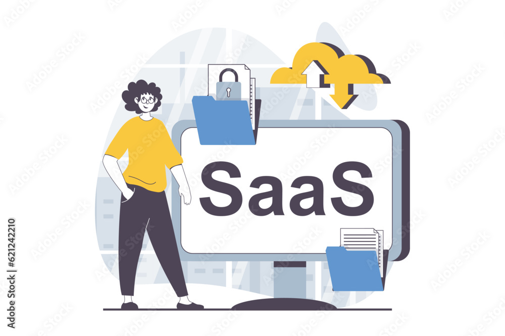 Poster saas concept with people scene in flat design for web. man working with digital documents and sharin