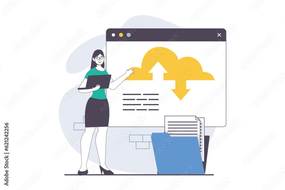 Aufkleber saas concept with people scene in flat design for web. woman using programs with cloud computing ser