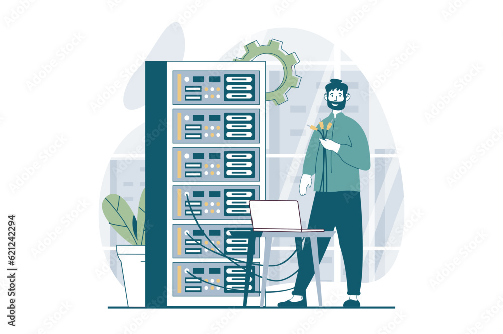 Poster server maintenance concept with people scene in flat design for web. man working in server rack room