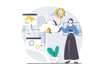 SaaS concept with people scene in flat design for web. Woman doing work tasks online, making backup and upload data in cloud storage. Vector illustration for social media banner, marketing material.