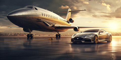 Naklejka na ściany i meble Luxury super car and private jet airplane in the airport