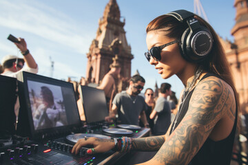 Pretty young woman DJ wearing headphones and playing music at the summer music festival - obrazy, fototapety, plakaty