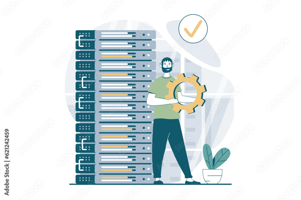 Poster server maintenance concept with people scene in flat design for web. man works as tech administrator