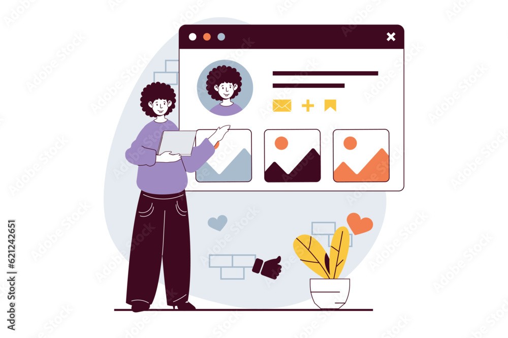 Poster social network concept with people scene in flat design for web. woman registering and filing online