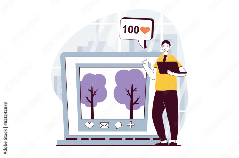 Aufkleber Social network concept with people scene in flat design for web. Man making post with image in online blog and collecting many likes. Vector illustration for social media banner, marketing material.