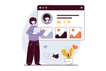 Social network concept with people scene in flat design for web. Woman registering and filing online profile, adding photo and posts. Vector illustration for social media banner, marketing material.
