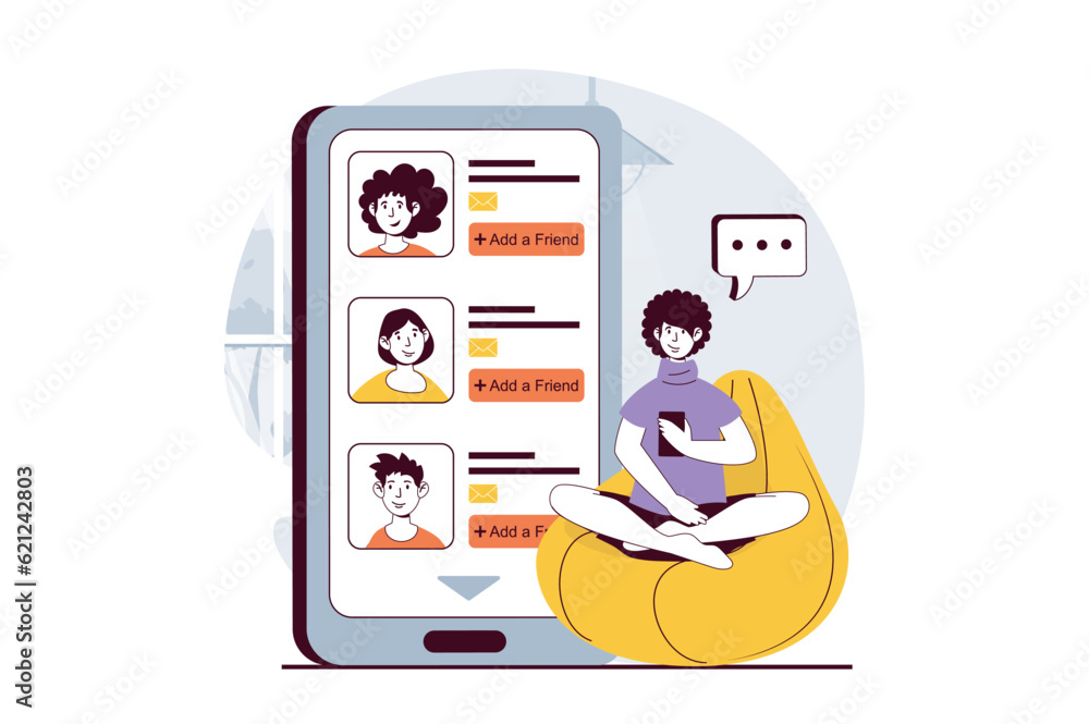 Aufkleber social network concept with people scene in flat design for web. man searching and adds new friends 