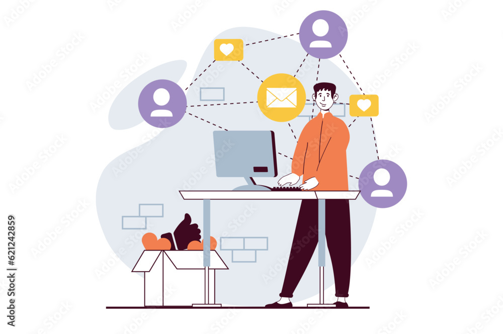 Poster social network concept with people scene in flat design for web. man networking, connecting with fri