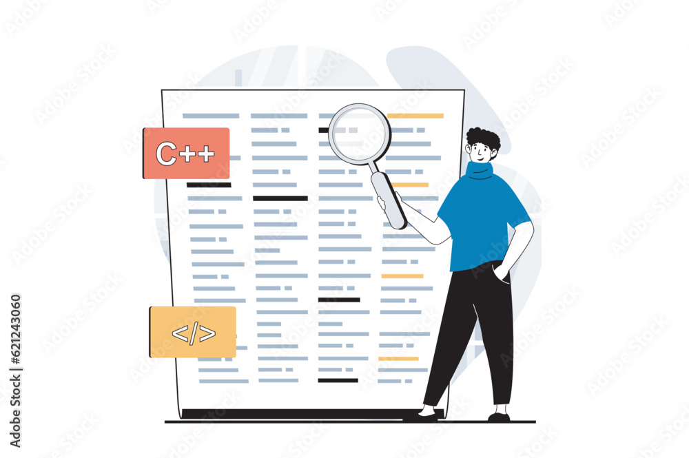 Leinwandbilder Software development concept with people scene in flat design for web. Man searching and fixing bugs in programming code on screen. Vector illustration for social media banner, marketing material.
