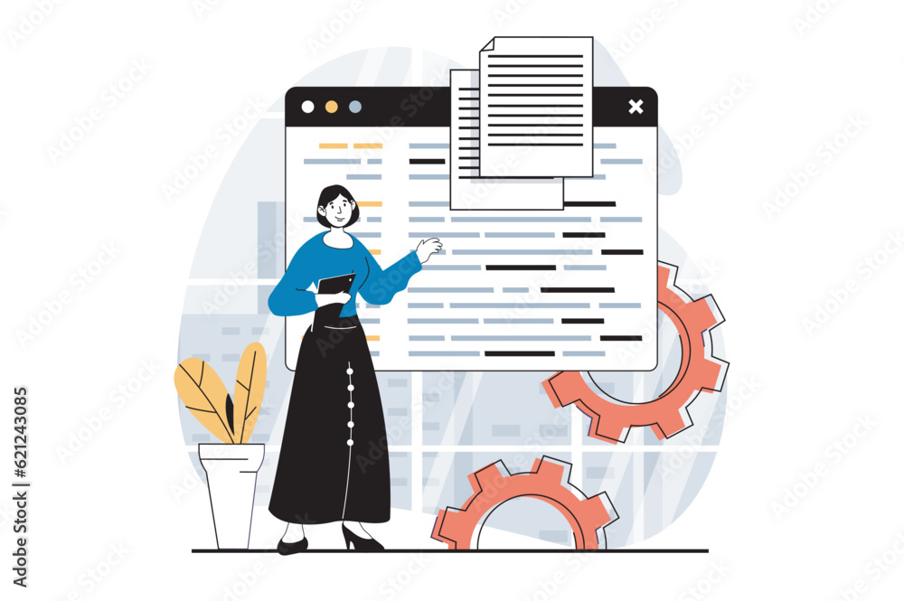 Leinwandbilder Software development concept with people scene in flat design for web. Woman programming and engineering code, settings page on screen. Vector illustration for social media banner, marketing material.
