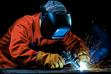 welder is welding metal , industry them bokeh and sparkle background