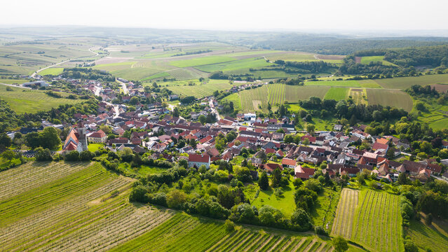 Aerial view of rural Falkenstein village near Poysdorf in the Weinviertel region in Austria