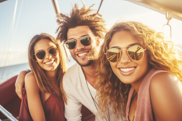 Group of mix race young people having a party on the luxury yacht


