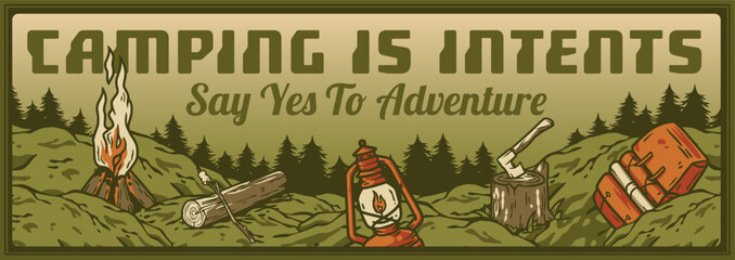 Outdoor wild camping, adventure poster in mountains. Nature explore