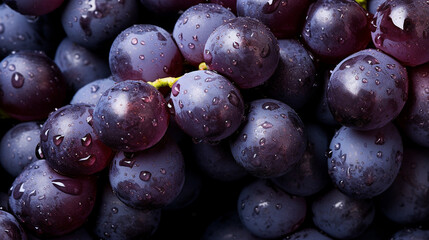 A close-up shot of a luscious bunch of deep purple grapes, glistening with droplets of water Generative AI