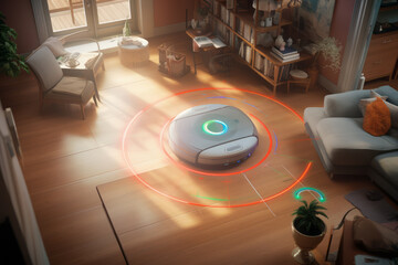 Robot vacuum cleaner assesses the room at work
