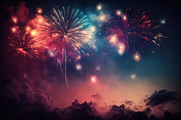 vibrant fireworks show lighting up the night sky. Generative AI - obrazy, fototapety, plakaty