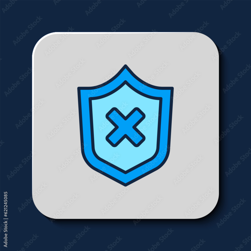 Poster filled outline shield with cross mark icon isolated on blue background. shield and rejected. notice 