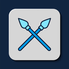 Filled outline Crossed medieval spears icon isolated on blue background. Medieval weapon. Vector
