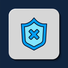 Filled outline Shield with cross mark icon isolated on blue background. Shield and rejected. Notice of refusal. Vector