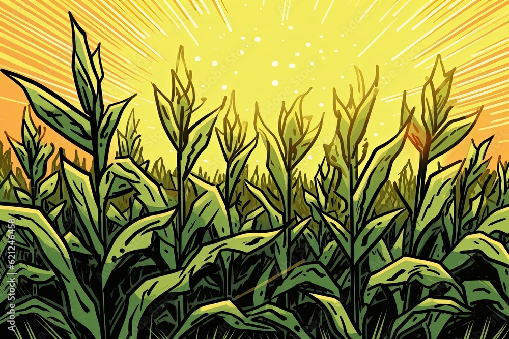 Poster serene field of grass with the sun setting in the background. generative ai