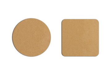 Brown color cork beer square and round coasters Mock up isolated on white background. empty blank cardboard beermat. 3d rendering.	