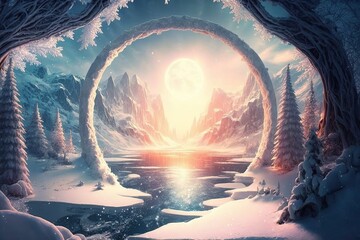serene winter scene featuring a snow-covered forest and a frozen lake. Generative AI