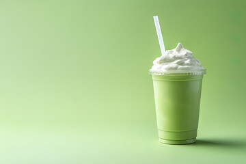 Green tea frappucino with whipped cream in a takeaway cup isolated on green background with copy space